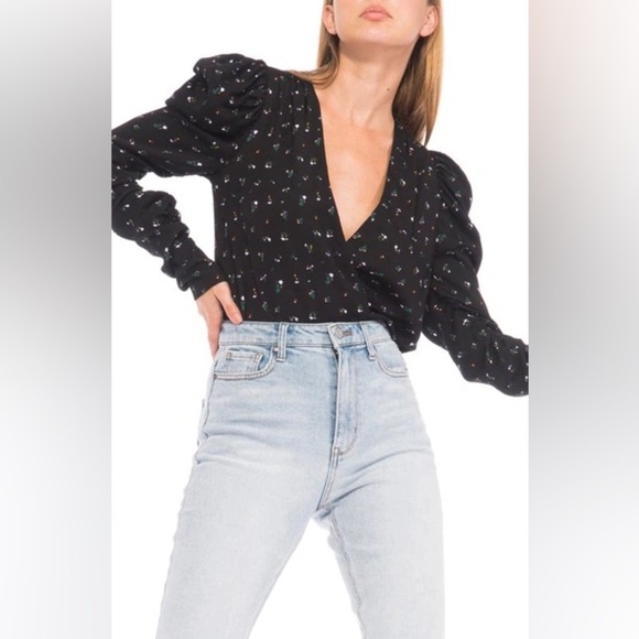 AFRM Danna Puff Long Sleeve Bodysuit In Noir Fall Ditsy Floral Black Wrap Top - Picture 1 of 11
